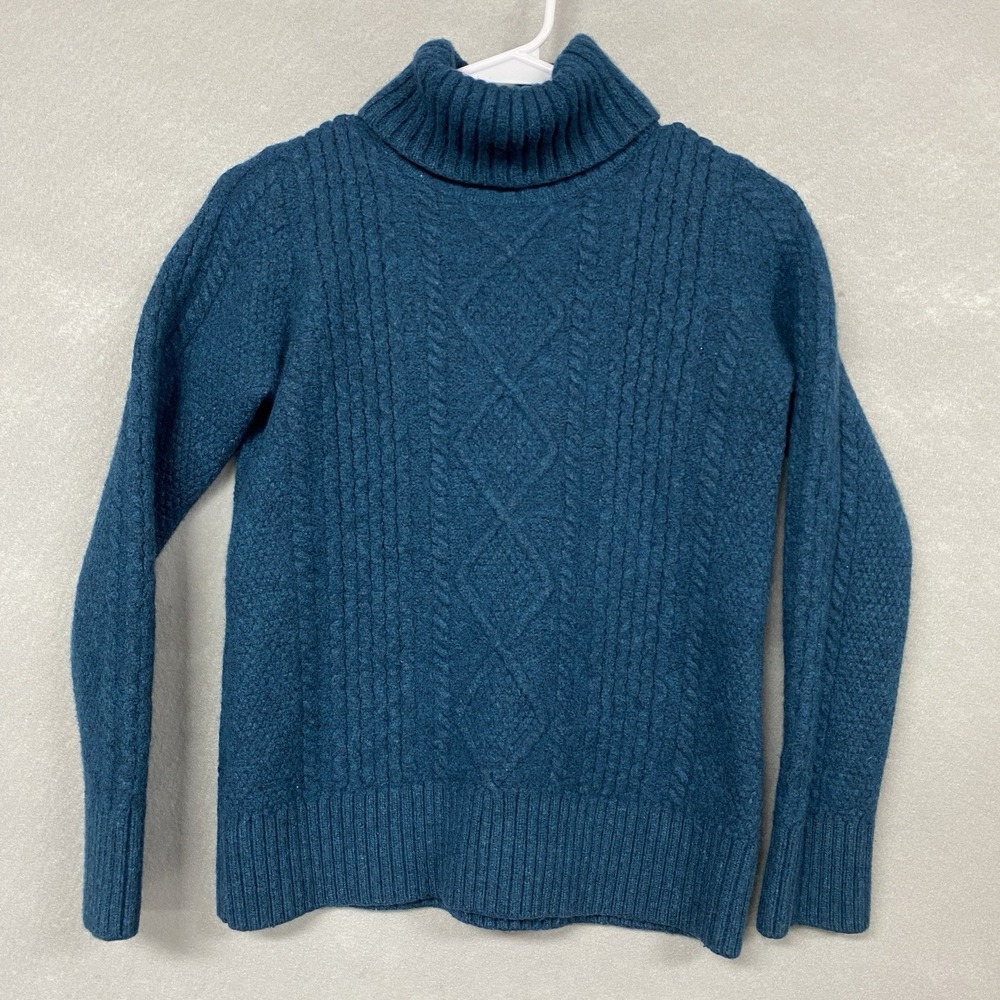 LL Bean Women XS/M Turtleneck Sweater Teal Merino Wool Blend Cable Knit Cozy